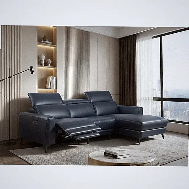 Luxury Blue Leather L-Shaped RHF Sectional Sofa w/ Single Power Recliner + USB