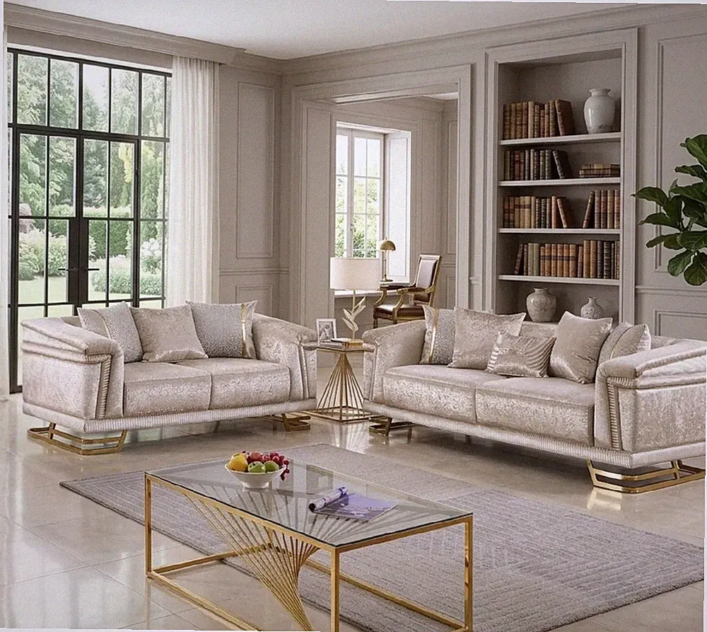 LUXURY Champagne Gold 2PC Sofa Contemporary Glam Velvet Modern Living Room Set