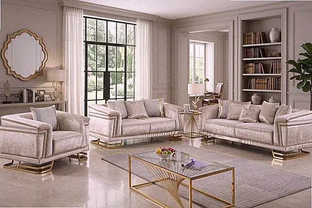 LUXURY Champagne Gold 3PC Sofa Contemporary Glam Velvet Modern Living Room Set