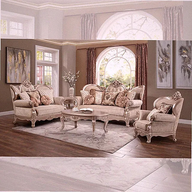 LUXURY Champagne Silver Sofa Loveseat Fabric Carved Wood Regal Traditional Set