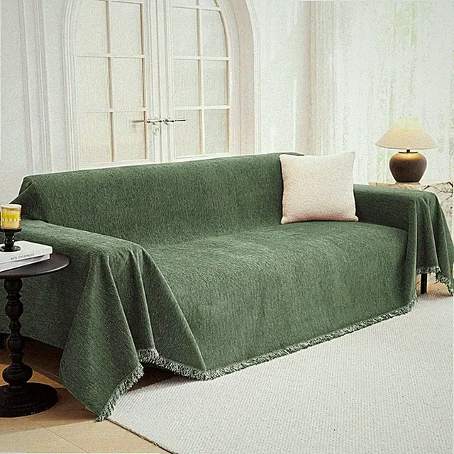 Luxury Chenille Sofa Cover for 3 Cushion Couch - Moss Green, Non-Slip Protector