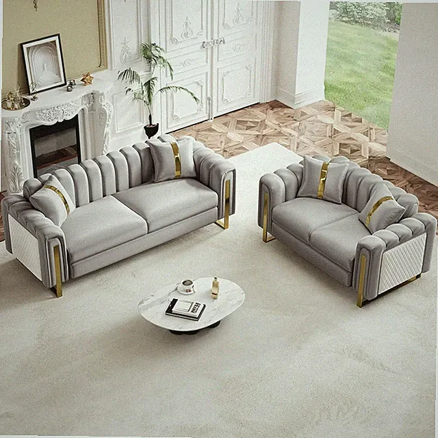 Luxury Chesterfield Loveseat and Sofa Set, Velvet Gold Couch, Silver Grey
