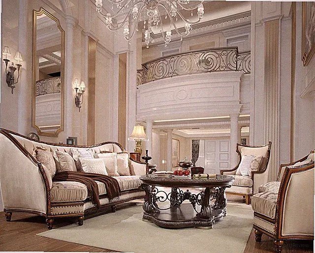 Luxury Classic Traditional Metallic Antique Gold & Dark Oak Living Room Set