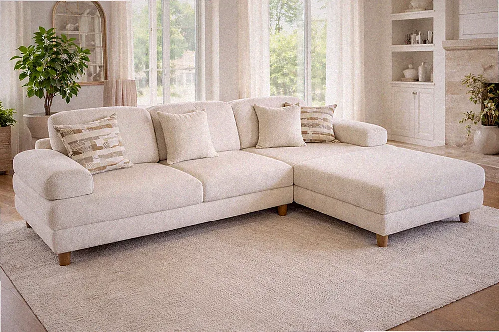 🔥 Luxury Cream Bouclé Sectional Sofa w/ Chaise – Modern Designer Style 🔥