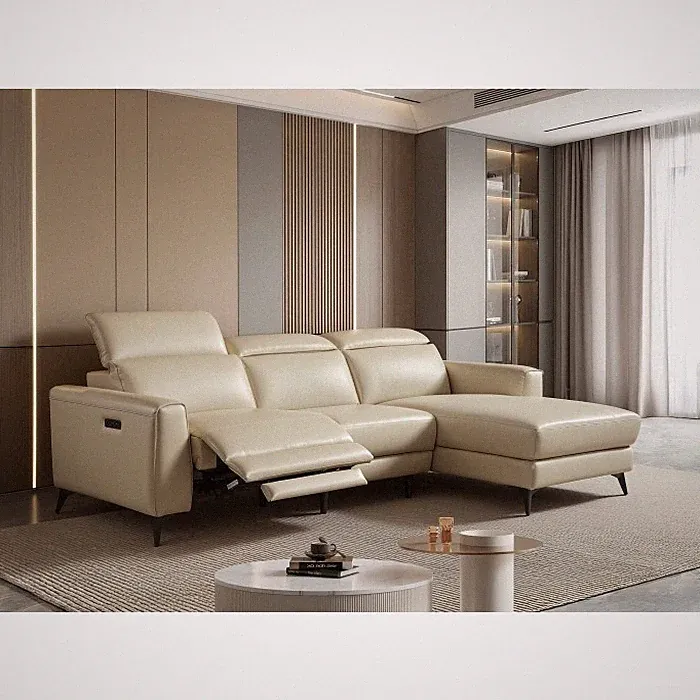 Luxury Cream Leather L-Shaped RHF Sectional Sofa w/ Single Power Recliner + USB