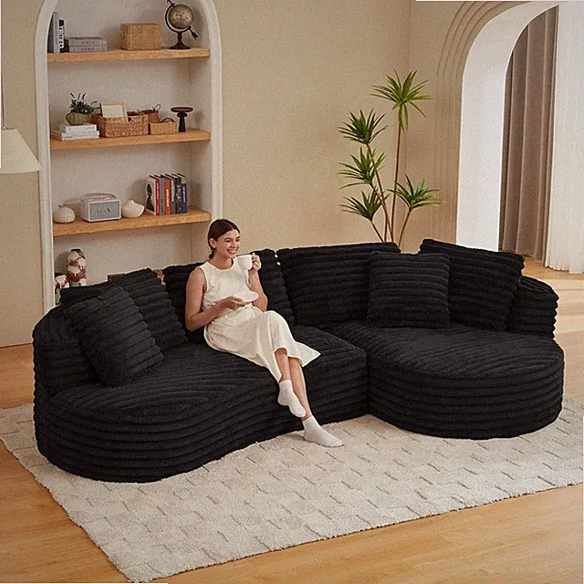 Luxury Curved L-Shape Sofa with Right Chaise, No Assembly, Black