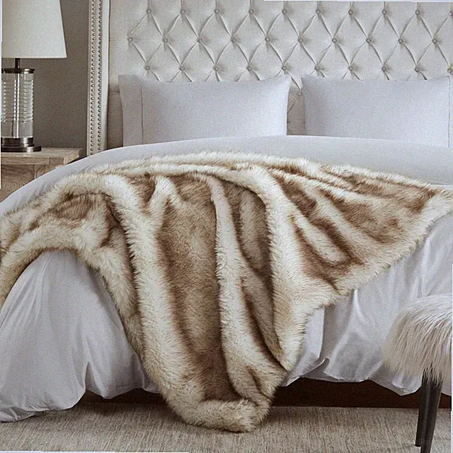Luxury Faux Fur Throw Blanket - Fluffy Golden with Brown Tips, 60x80 Inches