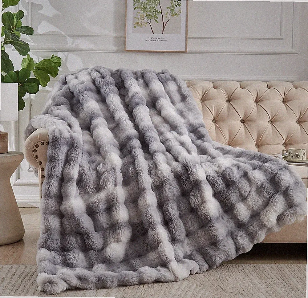 Luxury Faux Rabbit Fur Throw Blanket for Couch Bed Tie Dye Grey, 60" 80"