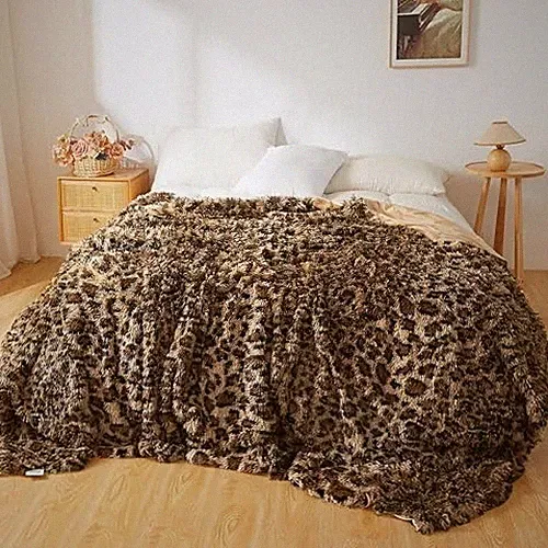 Luxury Fluffy Faux Fur Cheetah Print Bed King (104"x90") Cheetah Print Brown