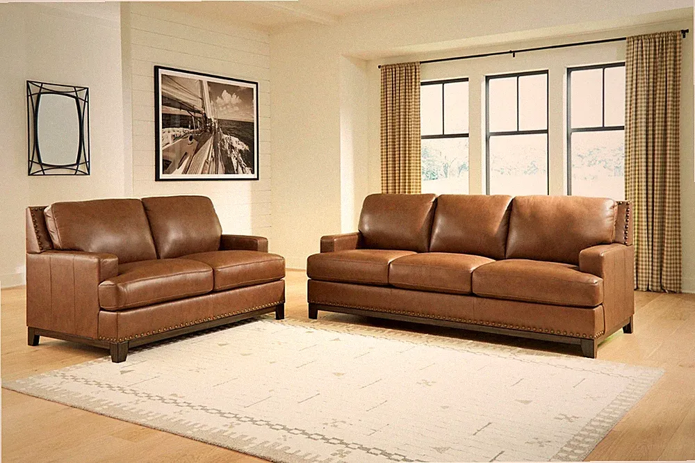LUXURY Genuine Top-Grain Leather 2PC Sofa Loveseat Living Room Set Brown Amber