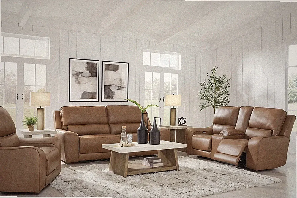 LUXURY Genuine Top-Grain Leather 3PC Sofa Recliner Living Room Set Caramel Brown