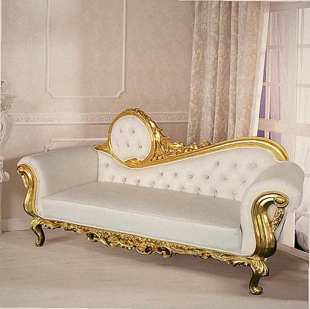 Luxury Gold Baroque Chaise Lounge Sofa – Tufted White Upholstery
