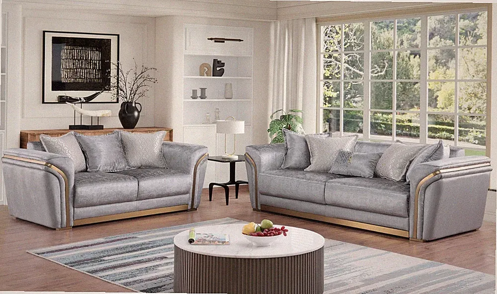 LUXURY Gray 2PC Sofa Loveseat Premium Fabric Contemporary Glam Living Room Set