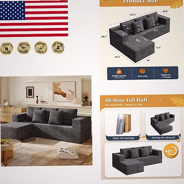 Luxury Grey Sectional Couch - 108'' Modular Design with Memory Foam Cushions
