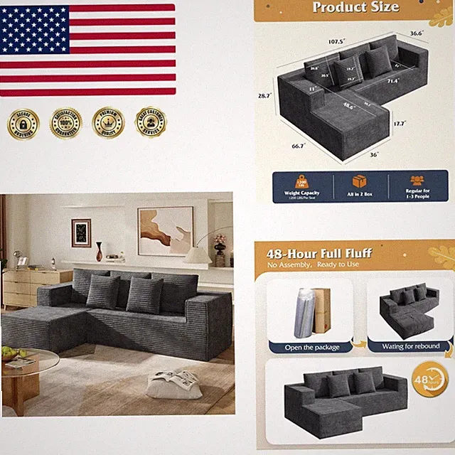 Luxury Grey Sectional Couch - 108'' Modular Design with Memory Foam Cushions