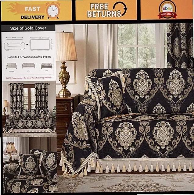 Luxury Jacquard Sofa Cover, Classic Damask Couch Protector with Lace & Tassels