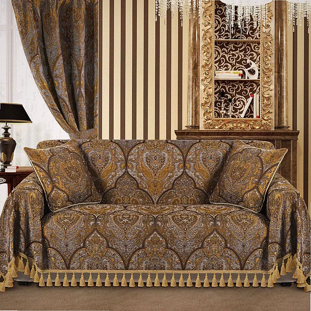 Luxury Jacquard Sofa Cover with Tassels - Bronze Gold