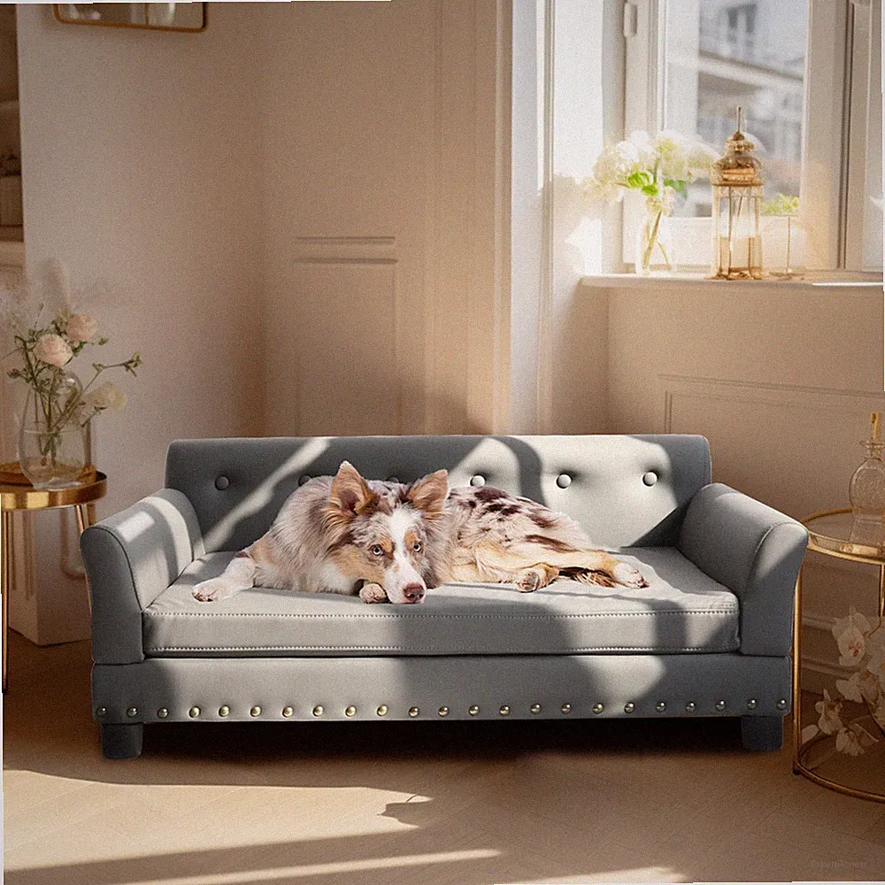 Luxury Large Dog Sofa Bed Microfiber Leather Dog Lounge Bed w/Removable Cushion