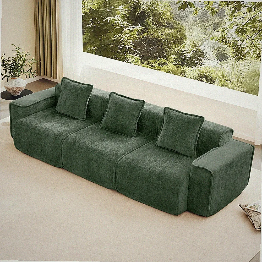 Luxury Modular 3-Seat Boneless Sofa w/ French Piping, Green Velvet, No Assembly