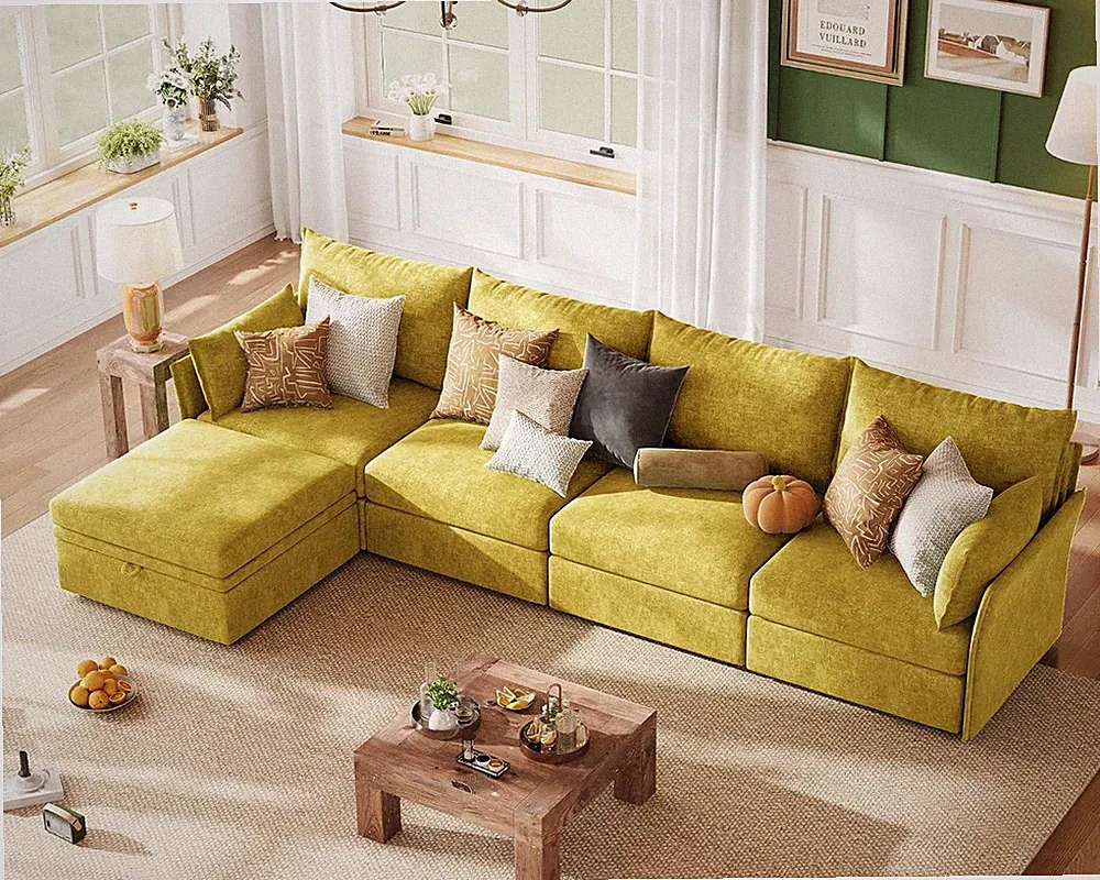 Luxury Modular Sectional Sofa Yellow, L-Shaped Couch Set for Living Room, 5-Seat