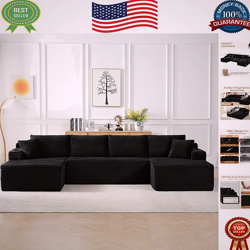 Luxury Modular U-Shaped Sectional Sofa - Soft Corduroy, No Assembly - 134" Black