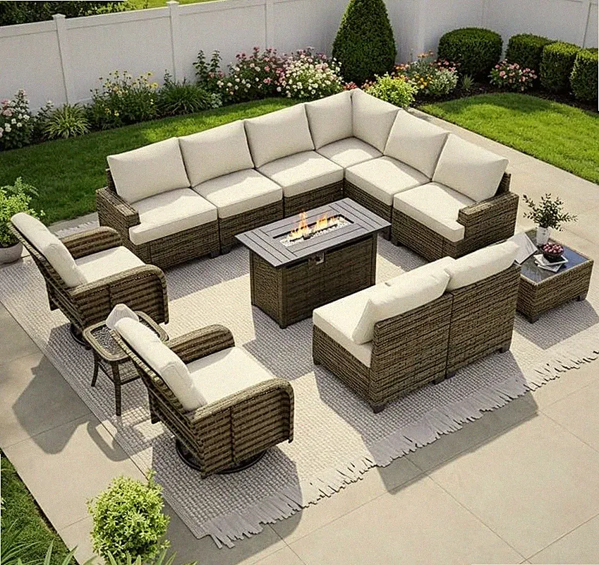 Luxury Patio Furniture Set with Fire Pit Table，13 Piece Outdoor Furniture Sectio