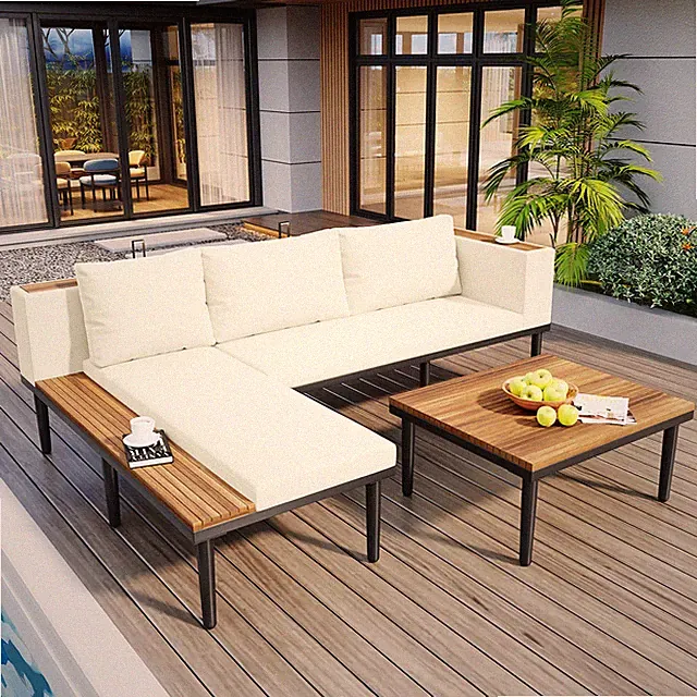 Luxury Patio Furniture Set with Removable Cushions Coffee Table L-Shaped Acacia