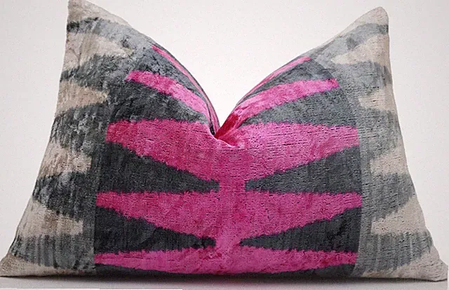 Luxury Pink, Charcoal and Natural Silk Velvet Ikat Lumbar Pillow 16x24 Inch