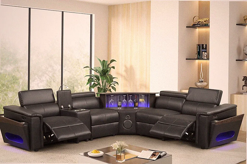 LUXURY Power Reclining Sectional LED, Lift Bar, BT Speaker & Adj Headrests Black