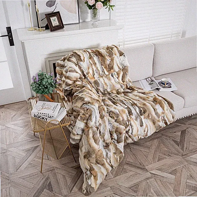 Luxury Soft Real Rabbit Fur Throw Blankets Warm Sofa Cover Bedspread King/Queen