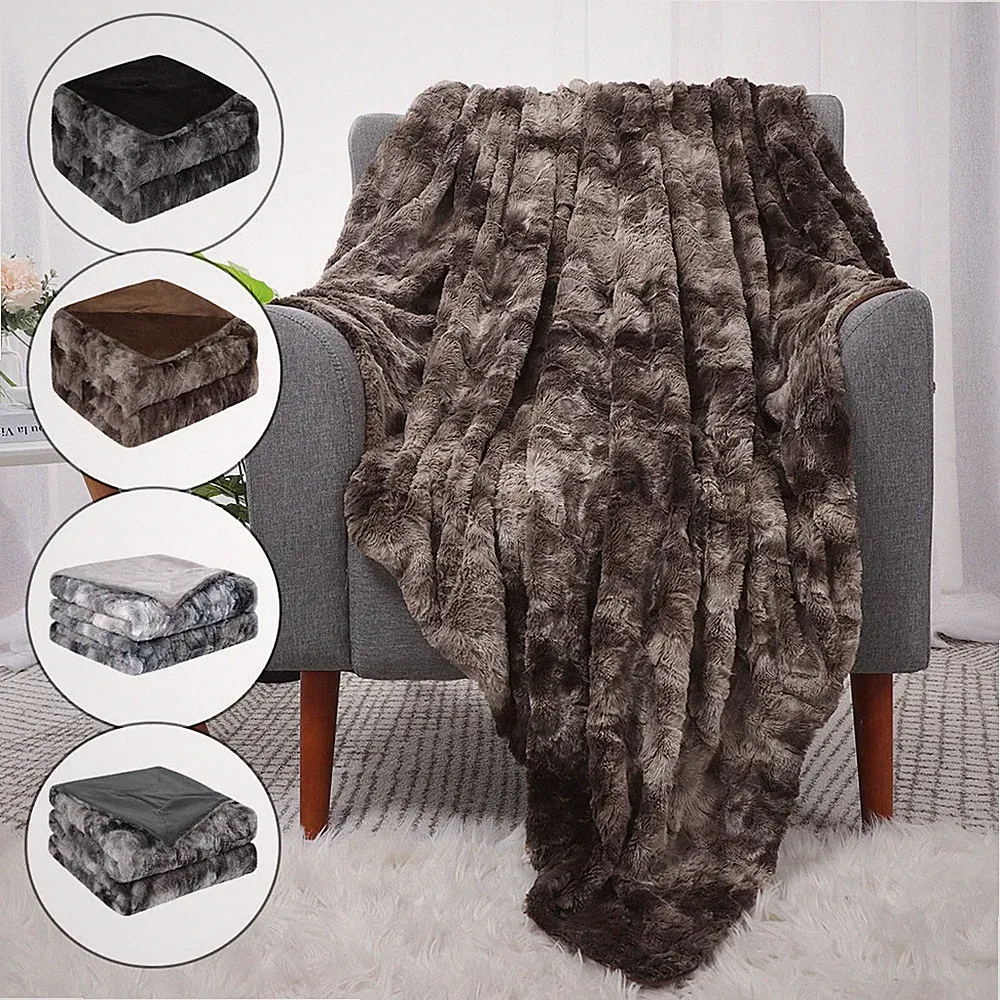 Luxury Soft Shaggy Faux Fur Blanket Reversible Tie-dye Throw for Sofa Couch Bed