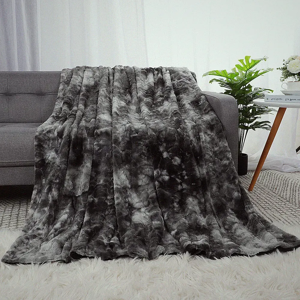 Luxury Soft Shaggy Faux Fur Blanket Reversible Tie-dye Throw for Sofa Couch Bed