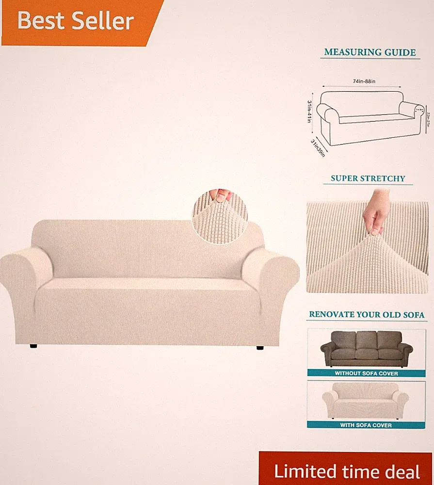 Luxury Stretch Sofa Slipcover in Biscotti Beige - Pet-Friendly & Washable Design