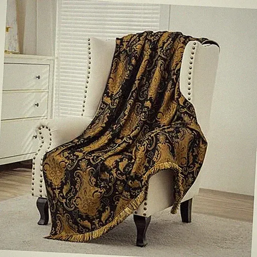 Luxury Throw Blankets for Bed, Classic Damask Bed Throws with Fringes Black