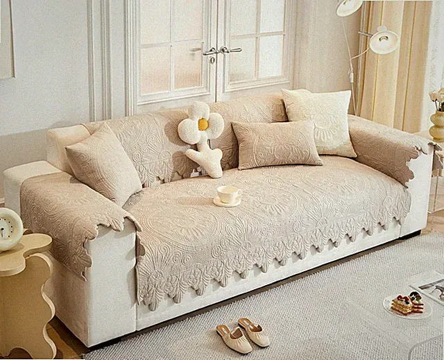Luxury Vintage Cotton Embroidery Sofa Cover 3D Floral Textured Boho Seat Cushion
