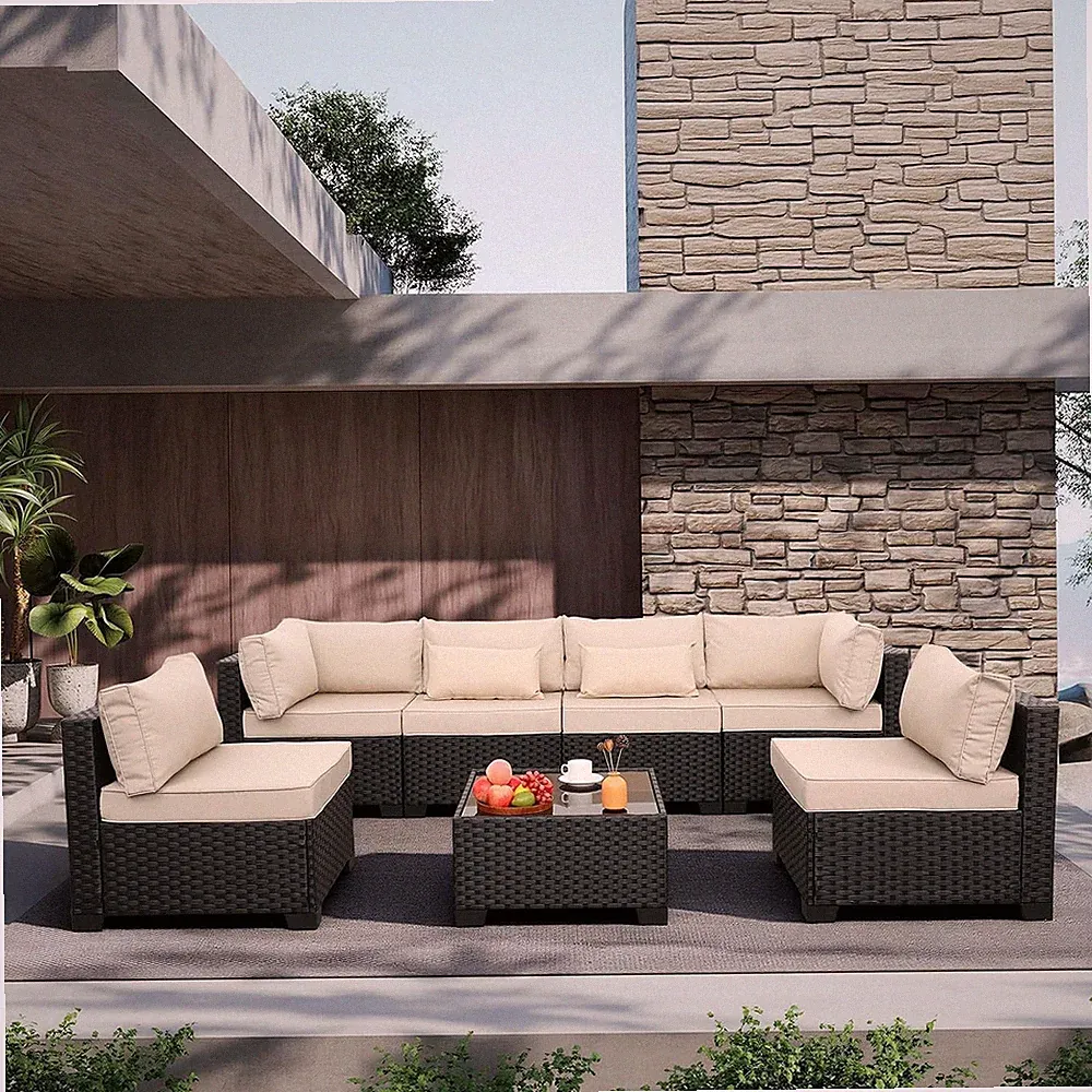 Lviden 7 Pieces Outdoor PE Wicker Furniture Set Patio Rattan Sectional Conversat