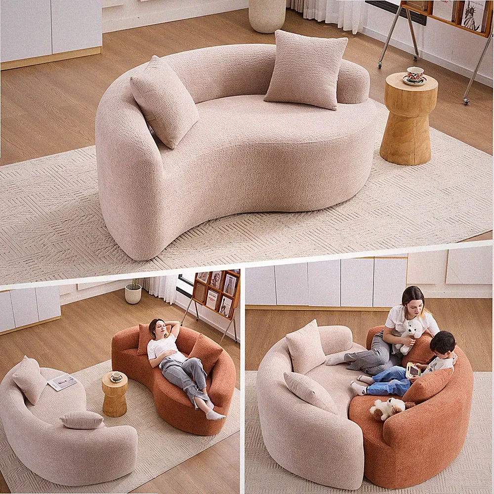 LY-042 S-Curved Chenille Sectional Sofa: Dual-Depth (21.3" & 26.8"), Beige, No A