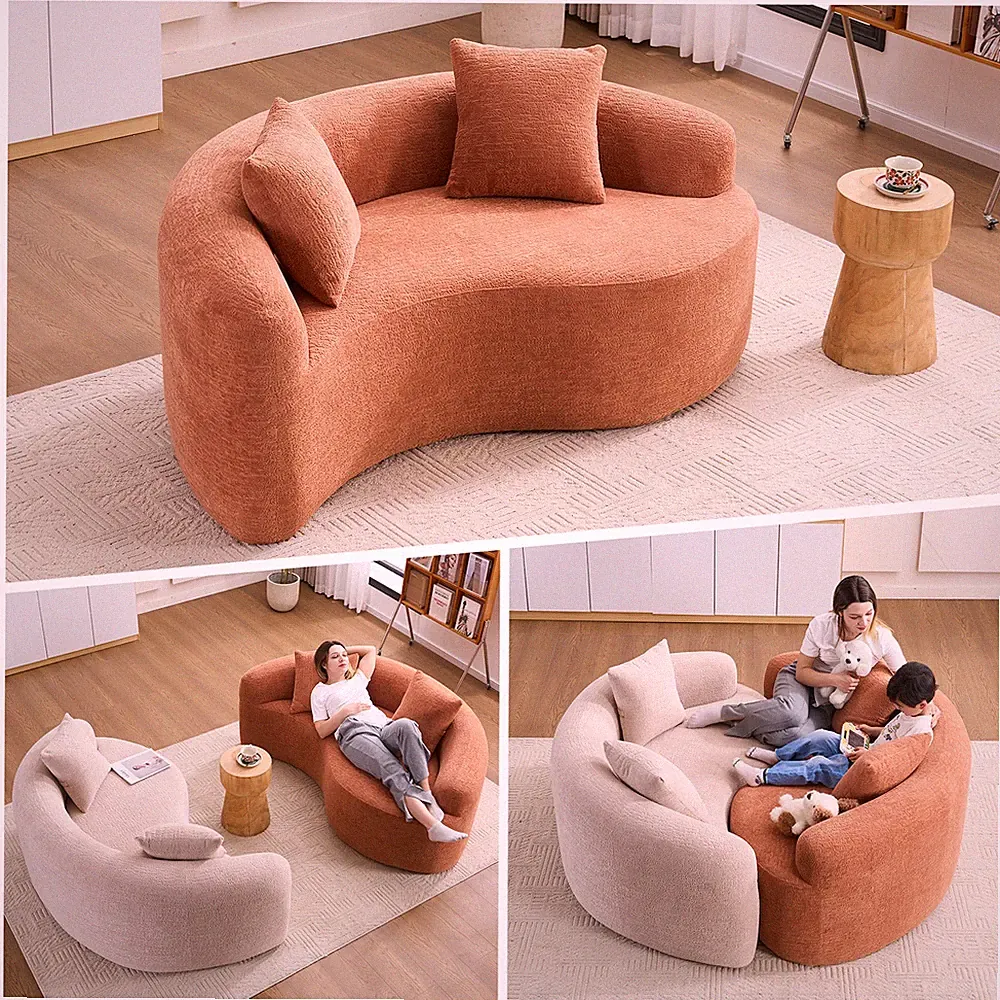 LY-042 S-Curved Chenille Sectional Sofa: Dual-Depth (21.3" & 26.8"), Coral Pink
