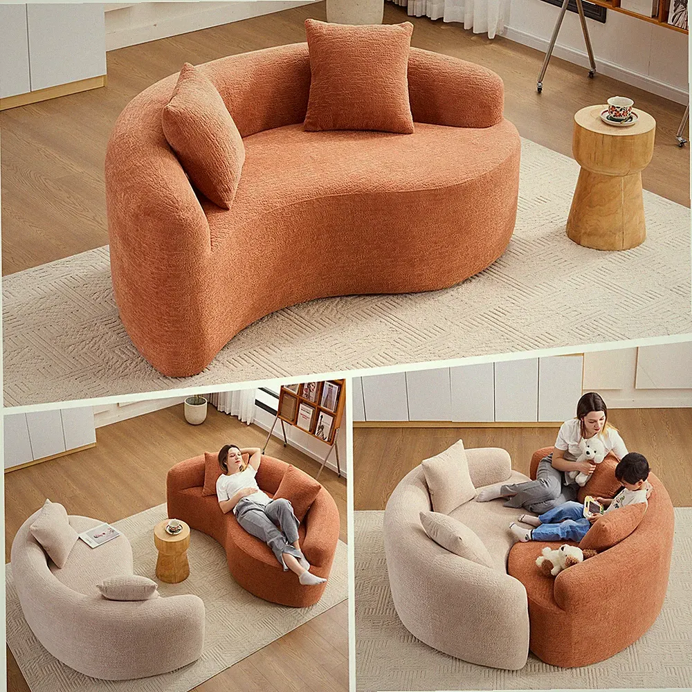LY-042 S-Curved Chenille Sectional Sofa: Dual-Depth (21.3" & 26.8"), Coral Pink