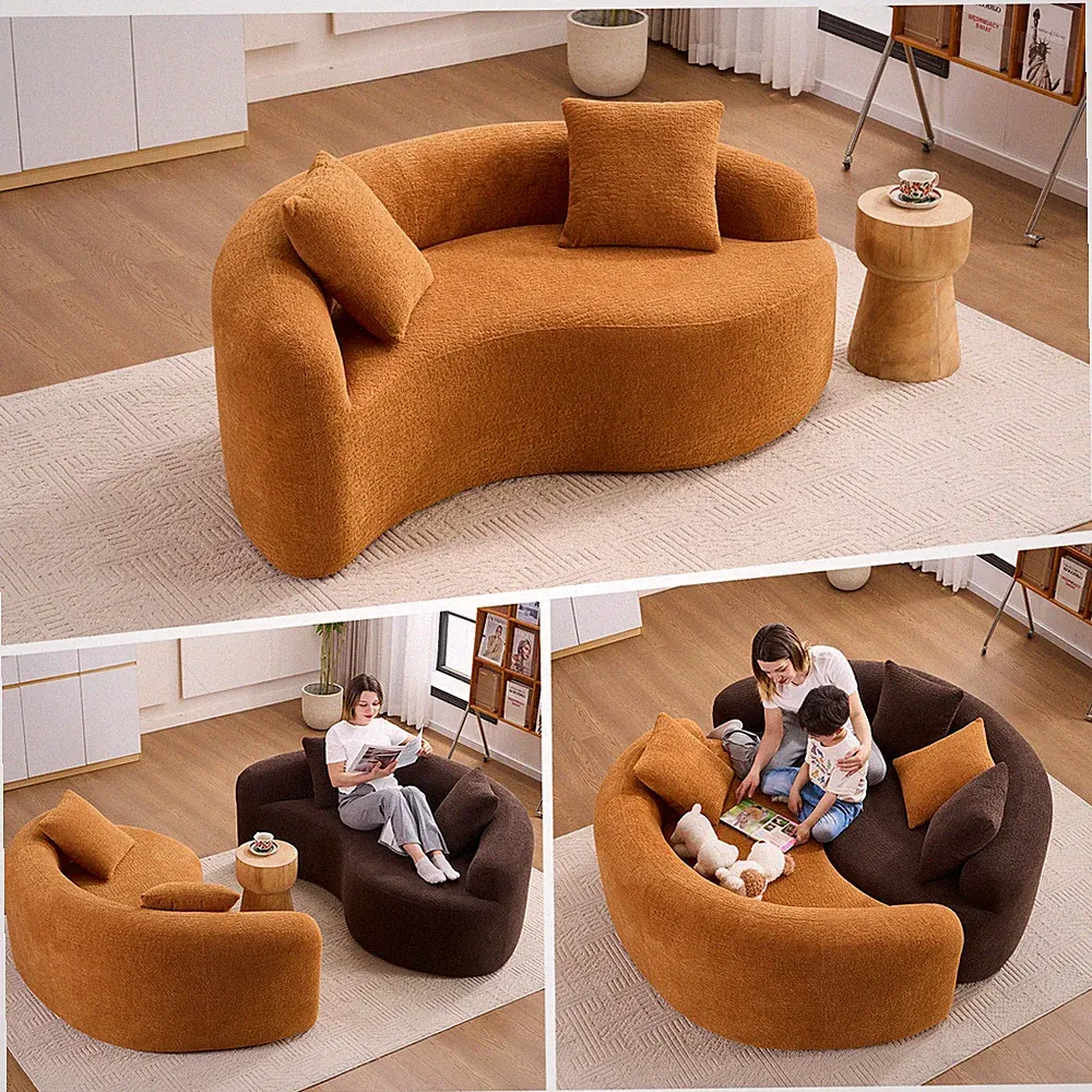 LY-042 S-Curved Chenille Sectional Sofa: Dual-Depth (21.3" & 26.8"), Orange, No