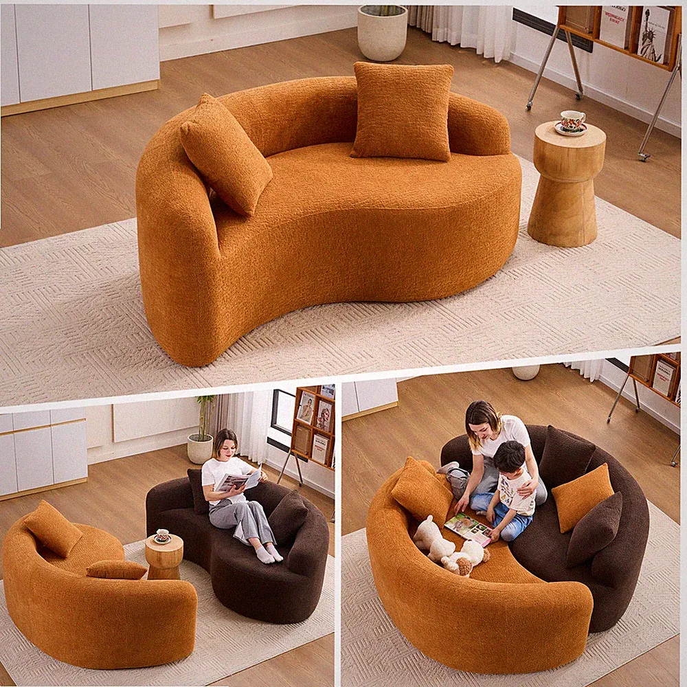 LY-042 S-Curved Chenille Sectional Sofa: Dual-Depth (21.3" & 26.8"),Orange,No As