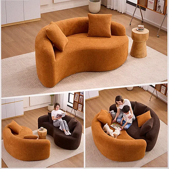 LY-042 S-Curved Chenille Sectional Sofa: Dual-Depth (21.3" & 26.8"), Orange, No