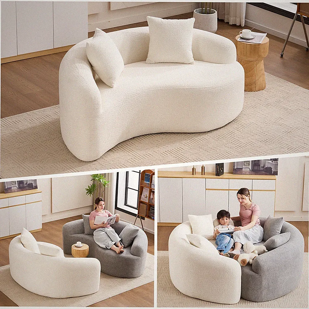 LY-042 S-Curved Chenille Sectional Sofa: Dual-Depth (21.3" & 26.8"), White, No A