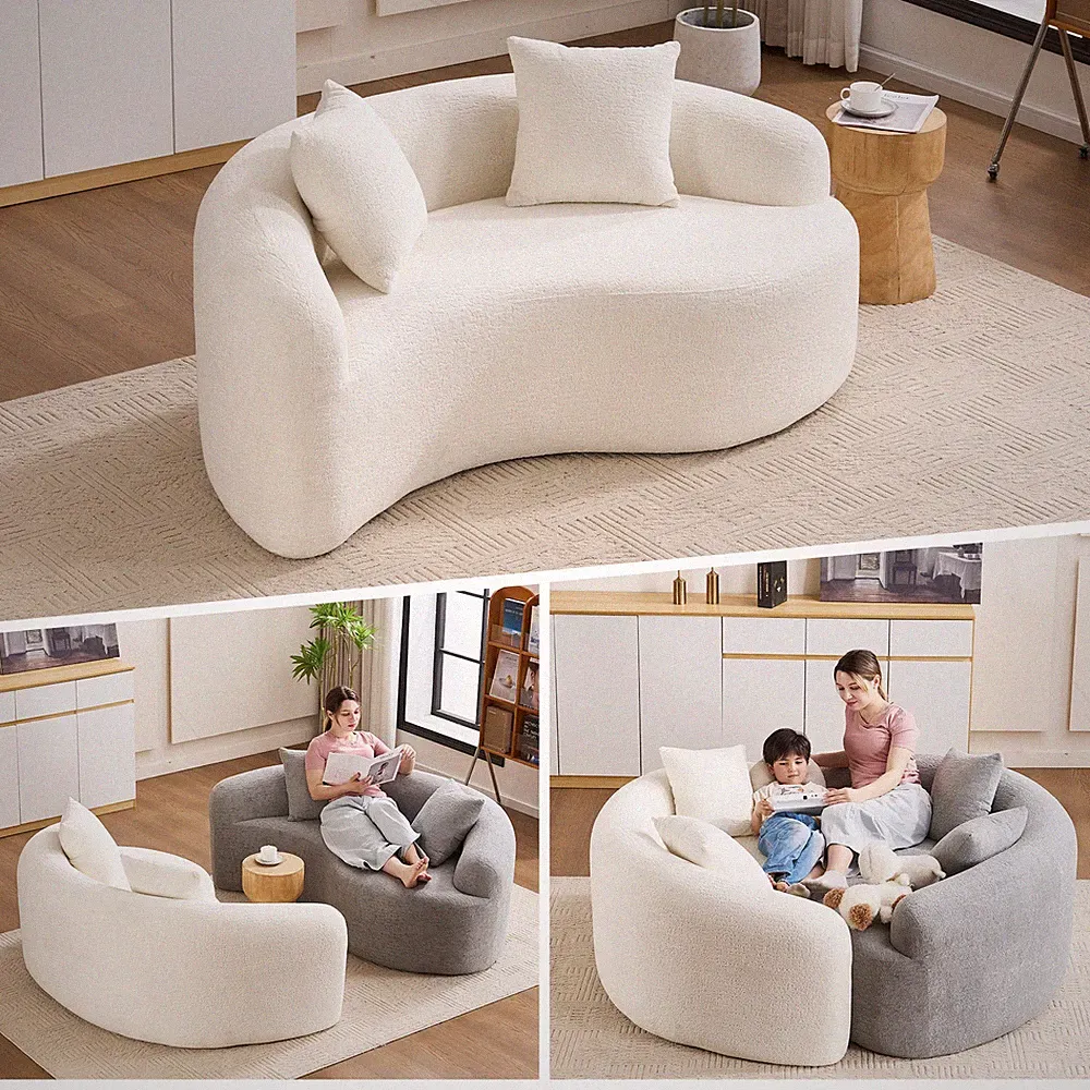 LY-042 S-Curved Chenille Sectional Sofa: Dual-Depth (21.3" & 26.8"),White,No Ass