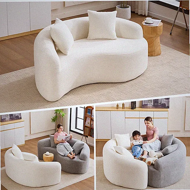 LY-042 S-Curved Chenille Sectional Sofa: Dual-Depth (21.3" & 26.8"), White, No