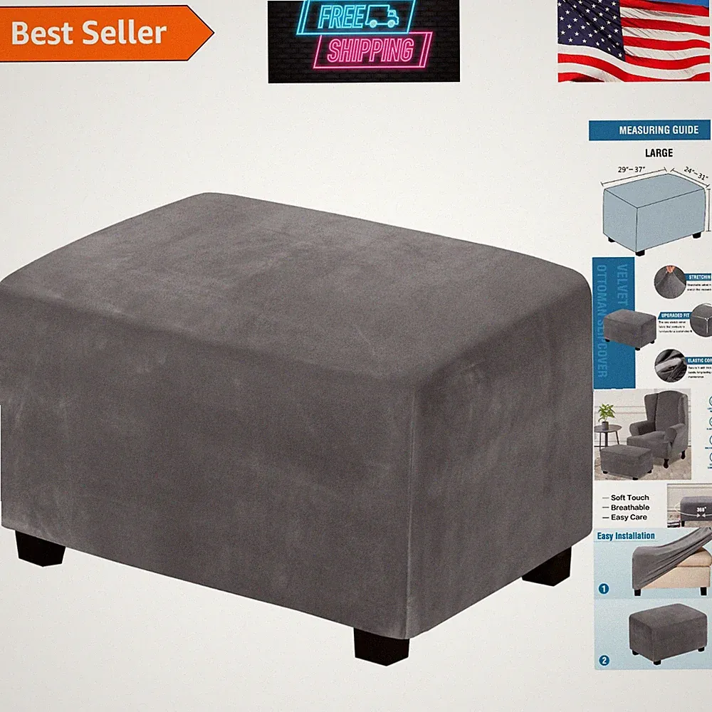 Machine Washable Grey Velvet Slipcover for Large Ottoman – Stylish Protection