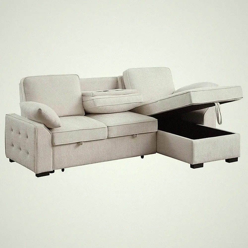 Mackenzie 91"W Beige Chenille Rev.Sleeper Sectional Storage+Cuphldrs+USB Ports