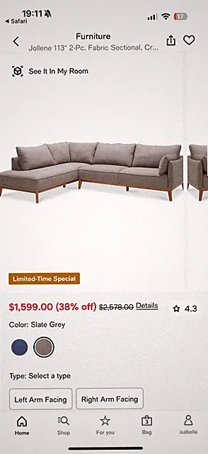 🛋️ Macy’s Jollene 2-Piece Sectional Sofa