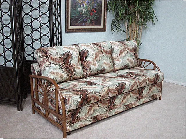 Made in USA Contract Quality Rattan Queen Sofa Sleeper Bed (#9021AW-MS)