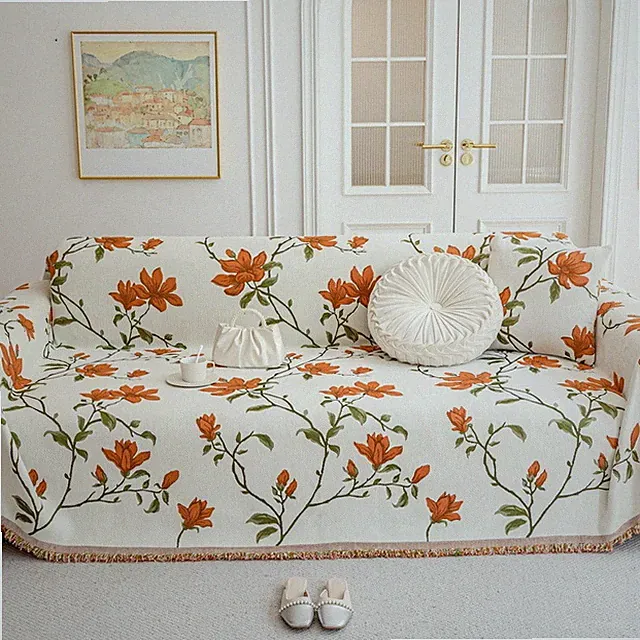 Magnolia Floral Sofa Cover Full Wrap Cotton Couch Protector Throw